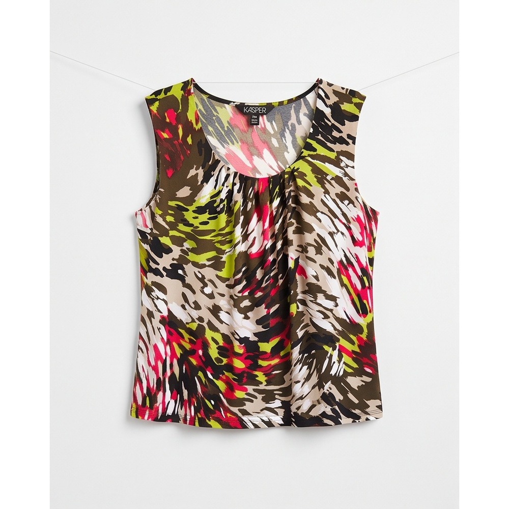 Kasper Womens PXL Multi-Color Abstract Print Pleated Neck Sleeveless‎ Blouse